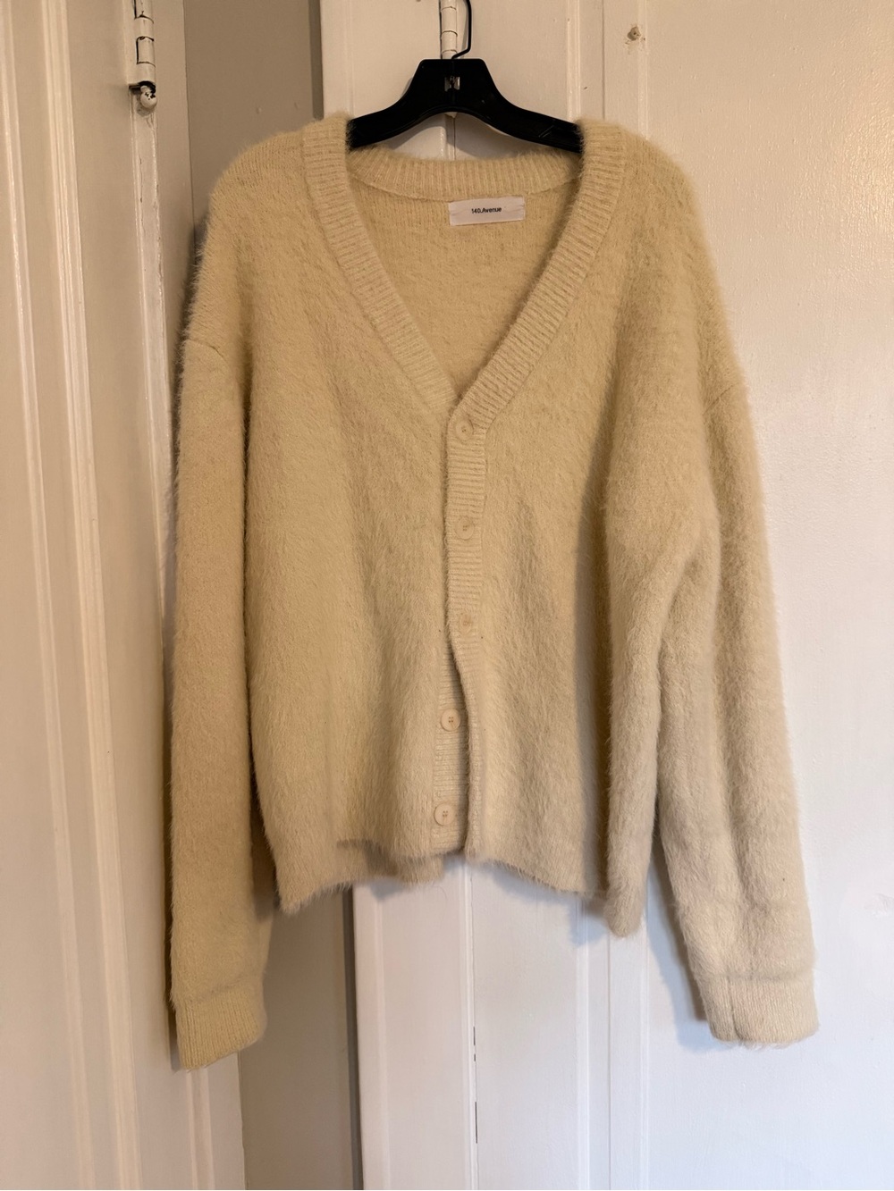 Avenue Cream Fuzzy V-Neck Button Cardigan